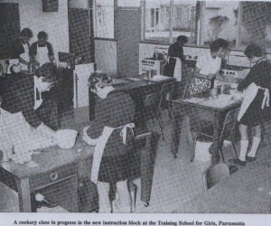 A cookery class in progress in the new instruction block at the Training School for Girls, Parramatta, c. 1970 (Children's Welfare Department NSW, Annual Report, 1970).