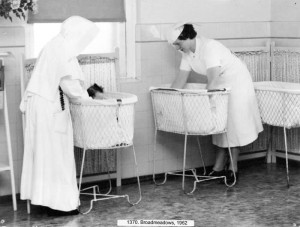 Nursery, with babies and nurses, St Joseph's Broadmeadows (1962). Courtesy of MacKillop Family Services.